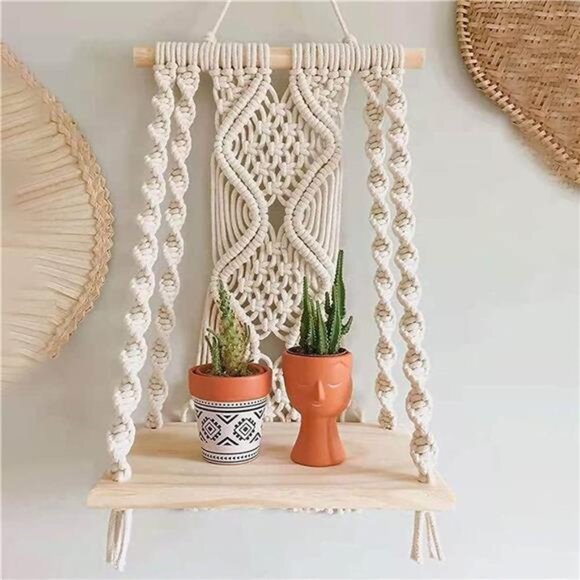 Macrame Wall Hanging Plant Decor Shelf Indoor Outdoor Floating Wood shelve - Picture 1 of 7